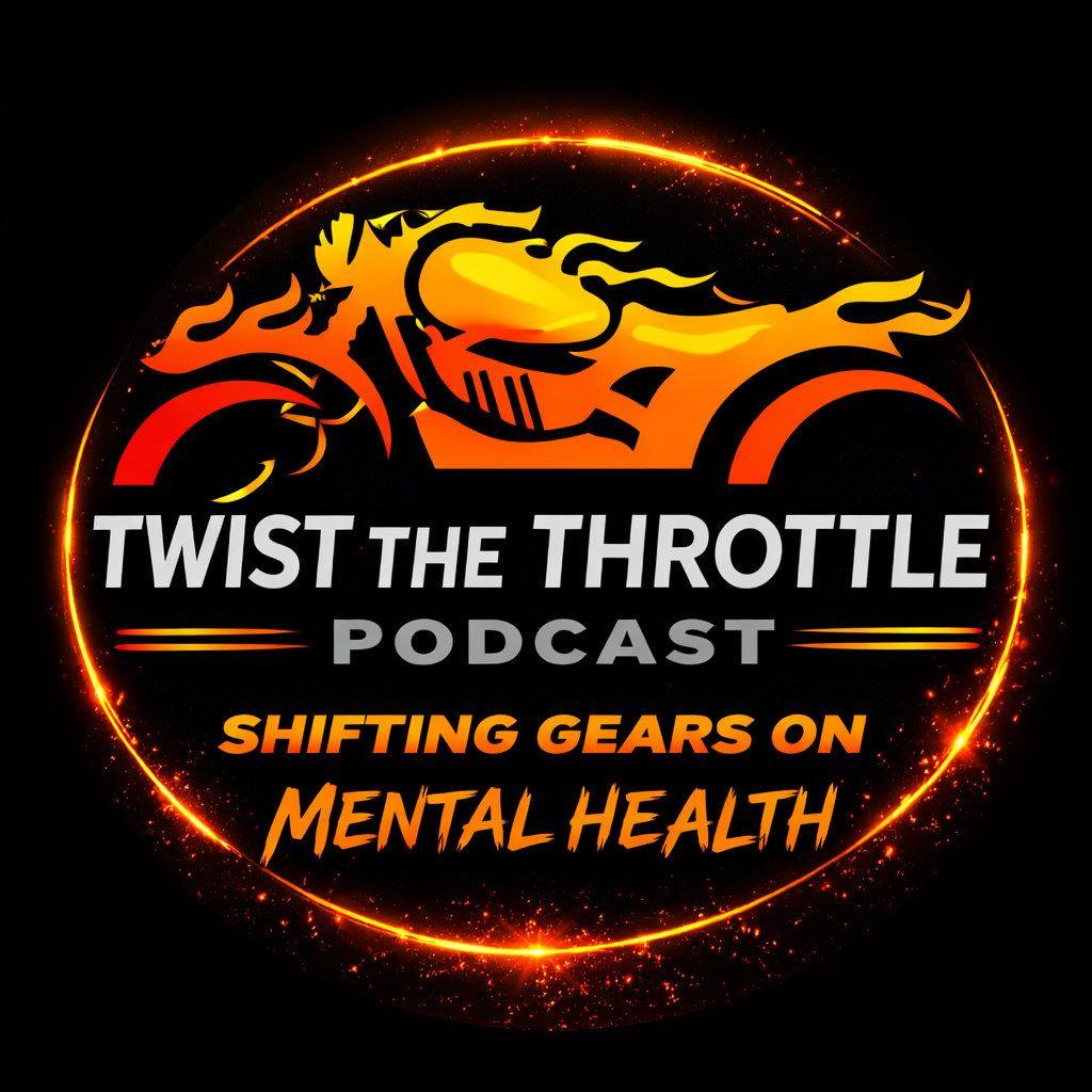 Twist the Throttle Podcast logo — flaming motorcycle, shifting gears on mental health